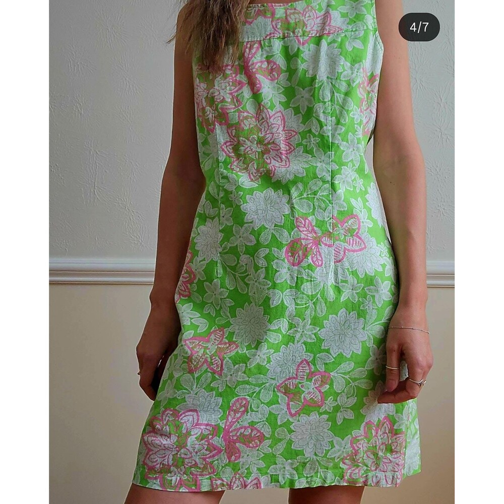 Sleeveless linen cotton green pink floral dress, vintage 90s 4 6 S M summer